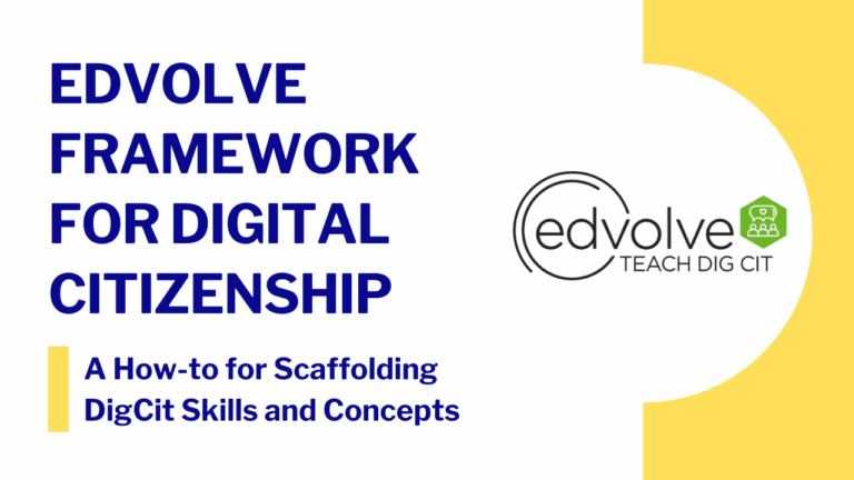 Card for the Edvolve Framework for digital citizenship that conveys how to scaffold skills and concepts while also offering inspiration for lesson creation and curation.