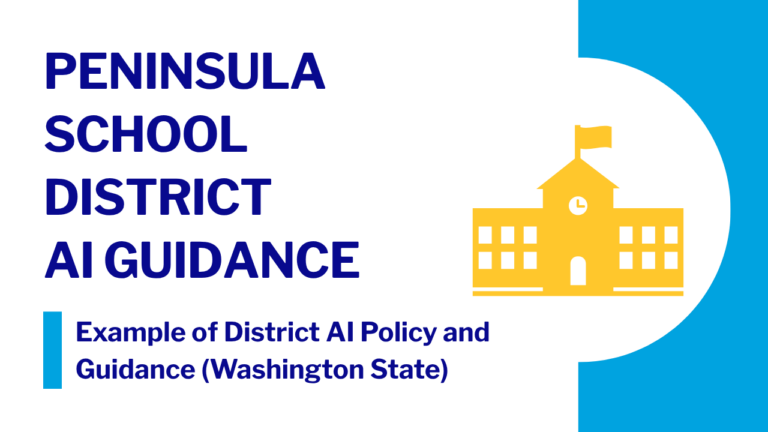 Graphic promoting “Peninsula School District AI Guidance,” identified as an example of district artificial intelligence policy and guidance from Washington State, with a school building icon.