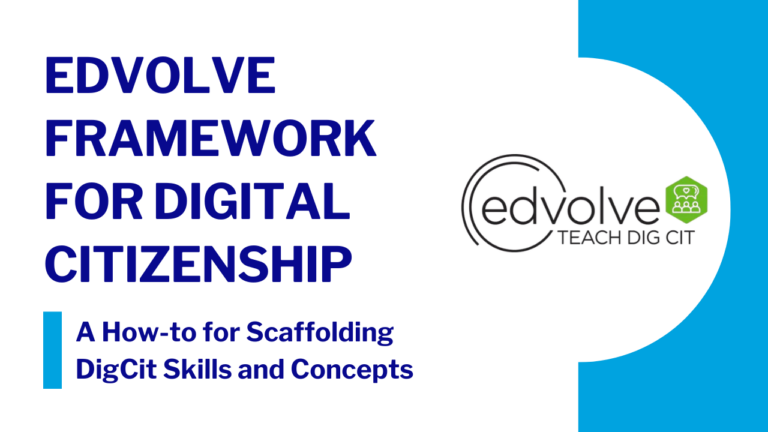 Card for the Edvolve Framework for digital citizenship that conveys how to scaffold skills and concepts while also offering inspiration for lesson creation and curation.