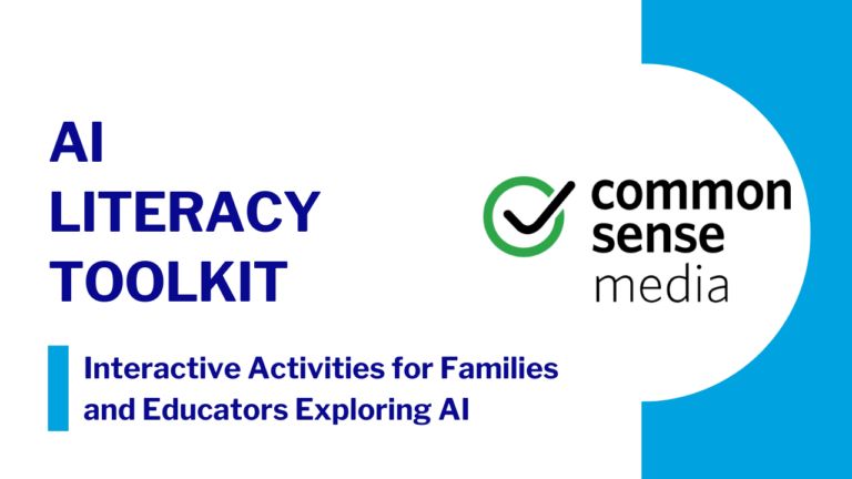 Card for Common Sense Media’s AI Literacy Toolkit, featuring interactive activities for families and educators exploring artificial intelligence; selecting this card opens the public informational toolkit page.
